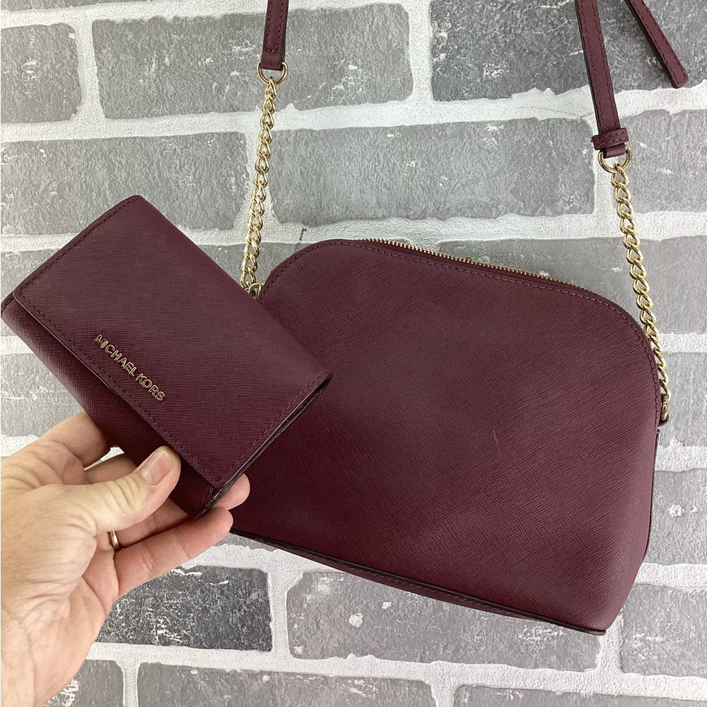 Michael Kors Maroon Cindy Large Dome Crossbody Purse with matching wallet